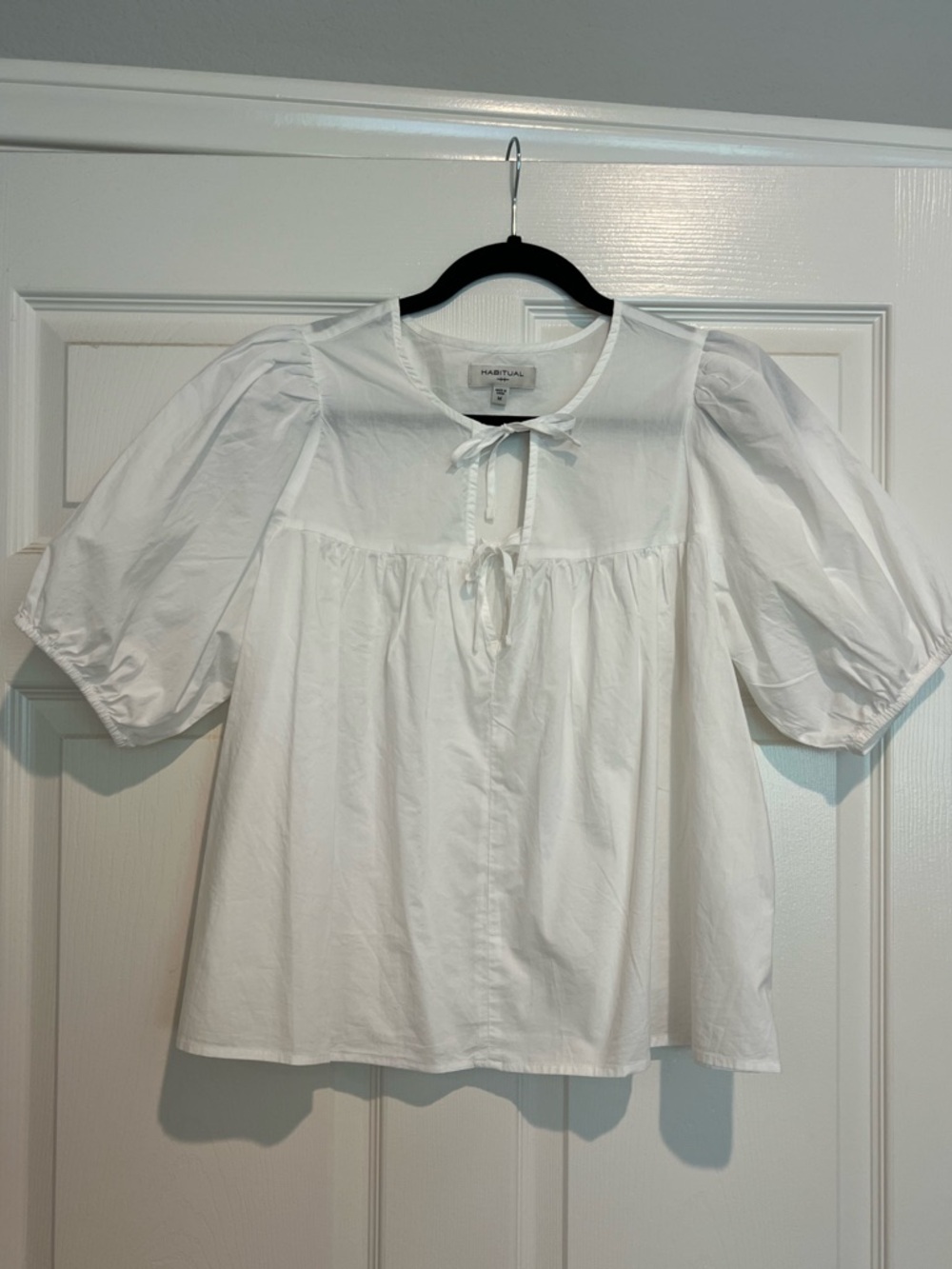 Habitual White Cotton Peasant Blouse with Tie Neck